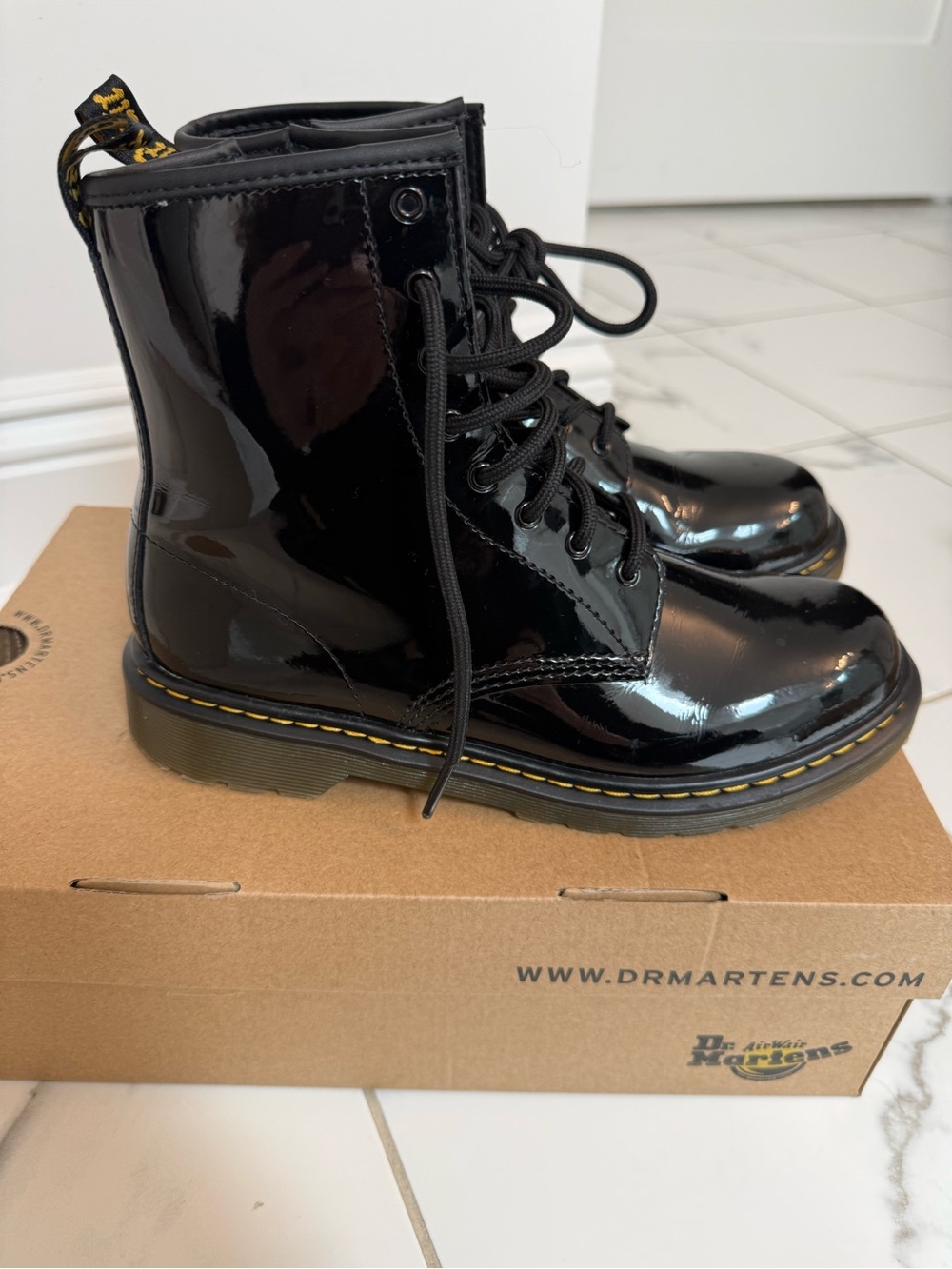 Dr. Martens Black Patent Lace-Up Combat Boots with Yellow Stitching - Picture 2 of 7